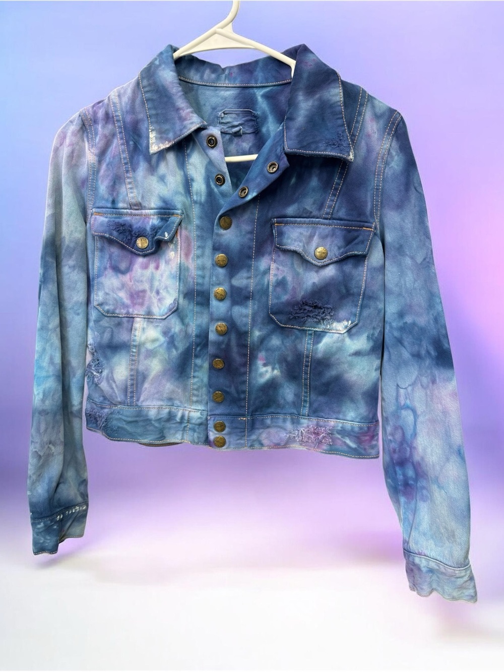 Current Elliott Hand Dyed Distressed Denim Jacket in Blue and Purple